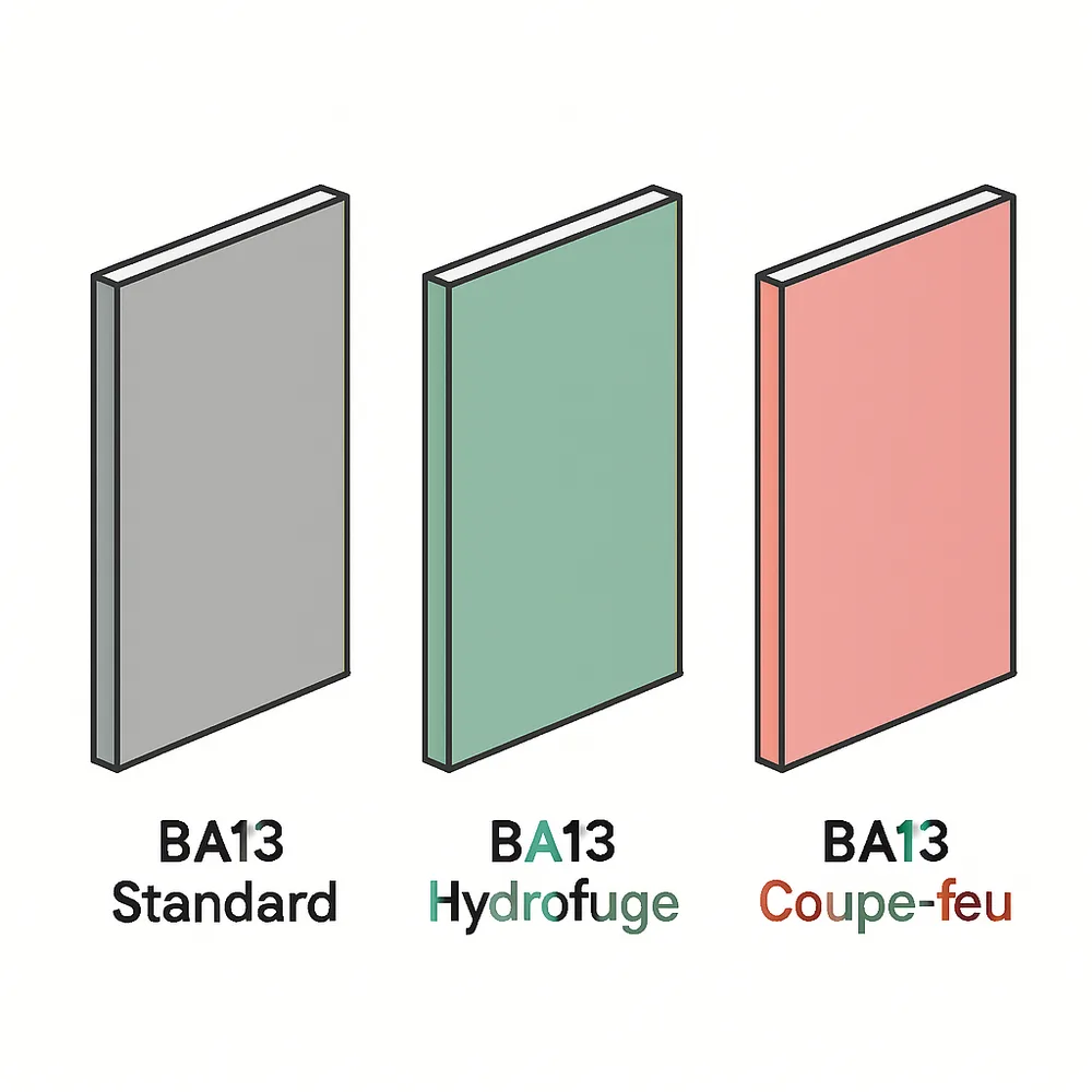 Les trois types de plaque BA13 : standard, hydrofuge et coupe-feu