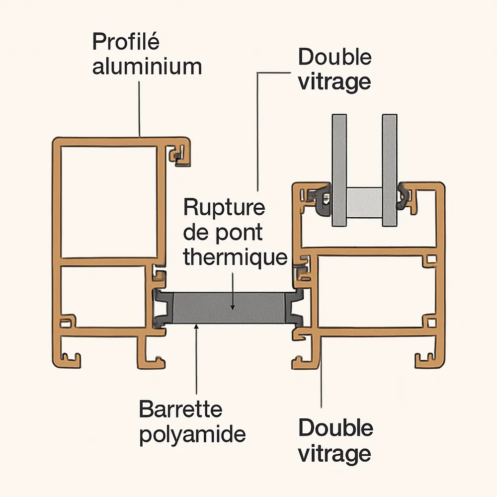 Coupe d'un profilé aluminium à rupture de pont thermique (RPT)